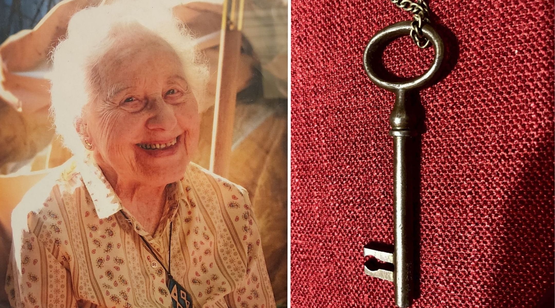Two pictures: On the left, an old woman smiles. On the right, a closeup of an antique key.