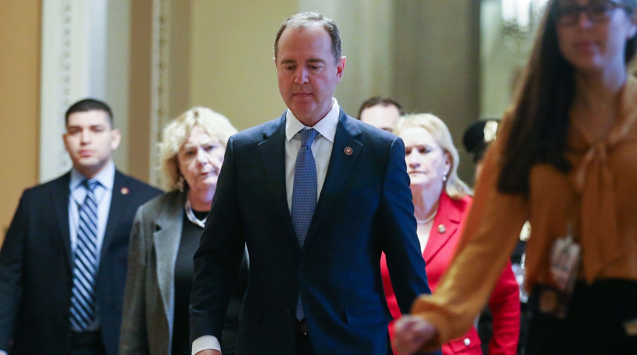 House impeachment manager Adam Schiff walks toward the Senate chamber at the U.S. Capitol for the trial of President Donald Trump, Feb. 5, 2020. (Mario Tama/Getty Images)