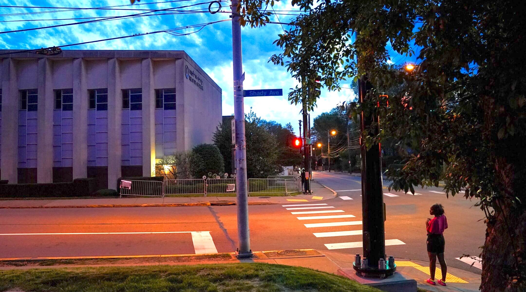 a synagogue building seen at dusk