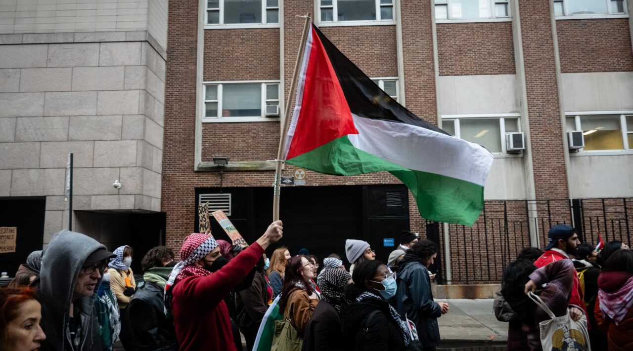Pro-Palestinian protesters march near Columbia University on Feb. 2, 2024. (Luke Tress)