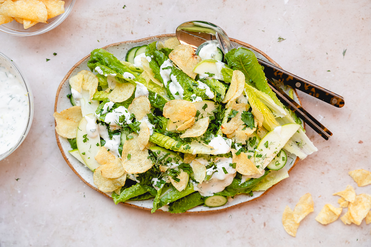 Hanukkah salad with a sour cream-tahini ranch and potato chips (Micah Siva)