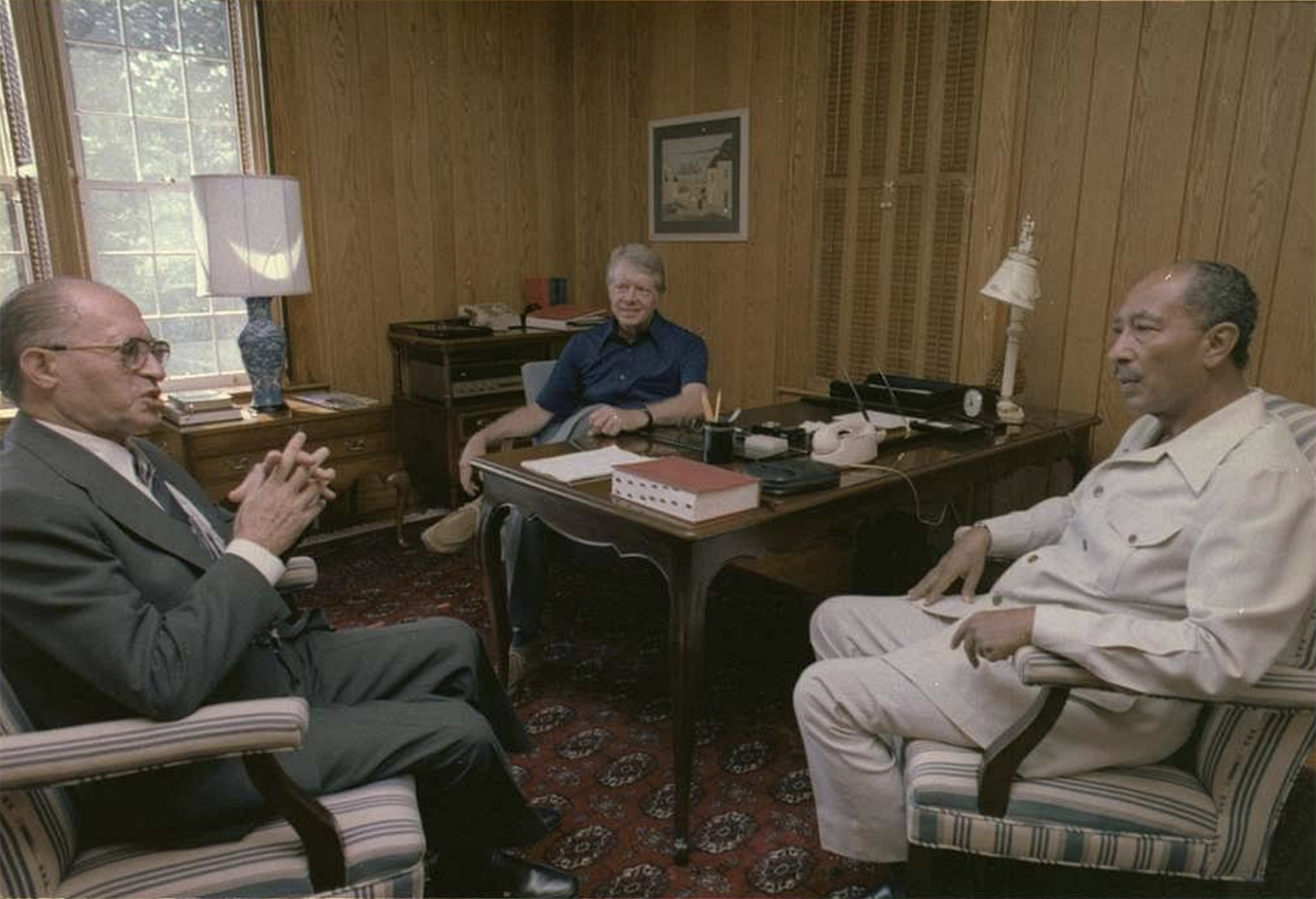 (From left) Israeli Prime Minister Menachem Begin, U.S. President Jimmy Carter and Egyptian President Anwar Sadat at Camp David in 1978.