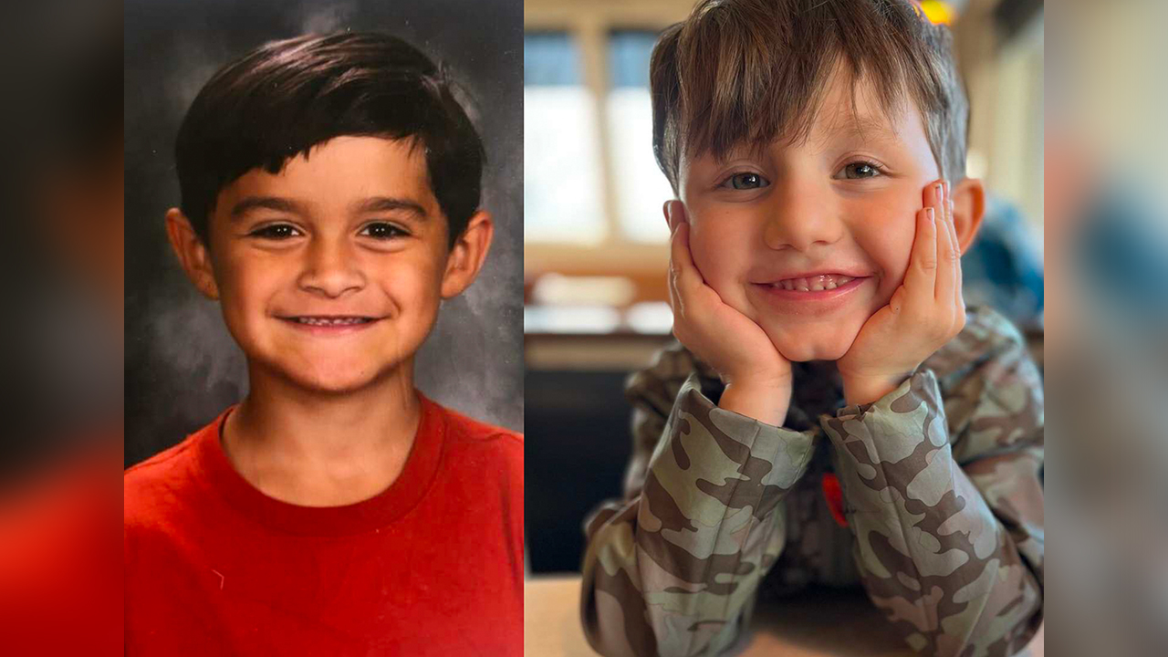 two photos side-by-side. each one shows a young, smiling boy.