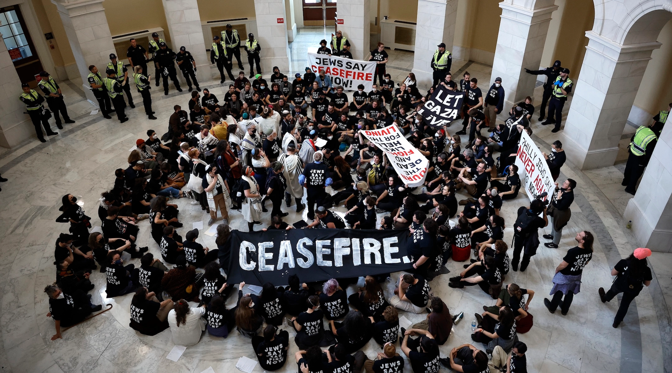 Demonstrators from Jewish Voice for Peace and IfNotNow hold a rally demanding a ceasefire in Gaza in Washington, D.C. on Oct. 18, 2023. (Chip Somodevilla/Getty Images)