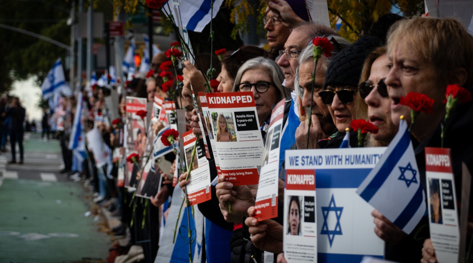 Demonstrators demands action on the Gaza hostage crisis from the international community with a protest at the United Nations in New York, Oct. 24, 2023. (Luke Tress)