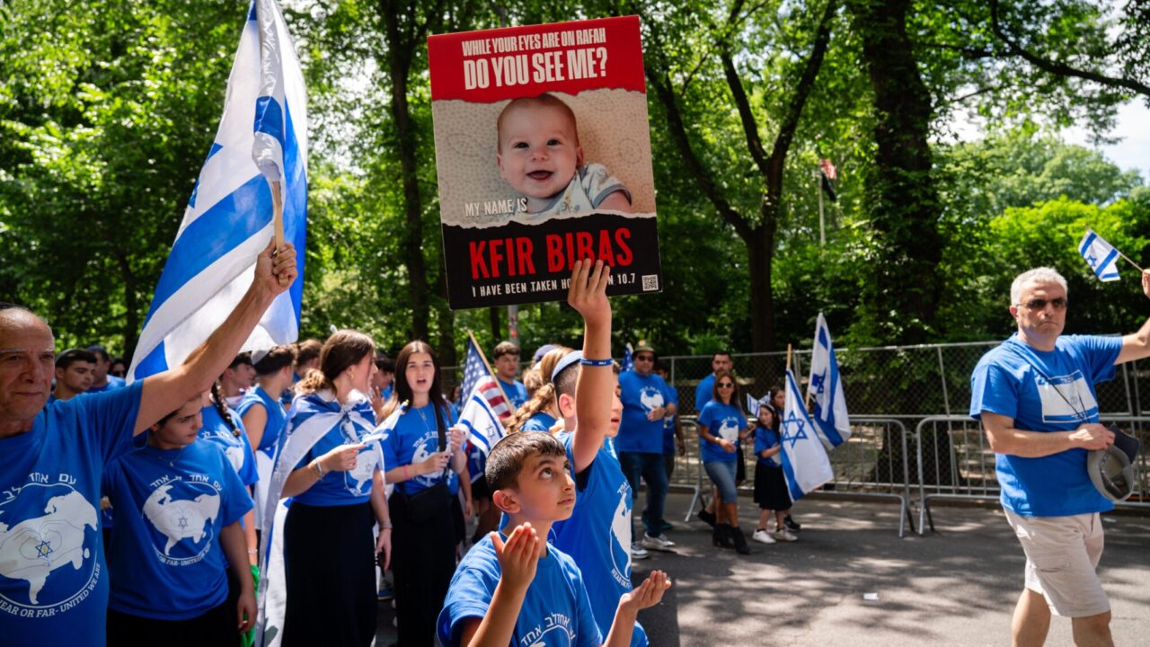 Participants in the Israel parade in New York City demand the release of Hamas hostage Kfir Bibas in June 2024. (Luke Tress)