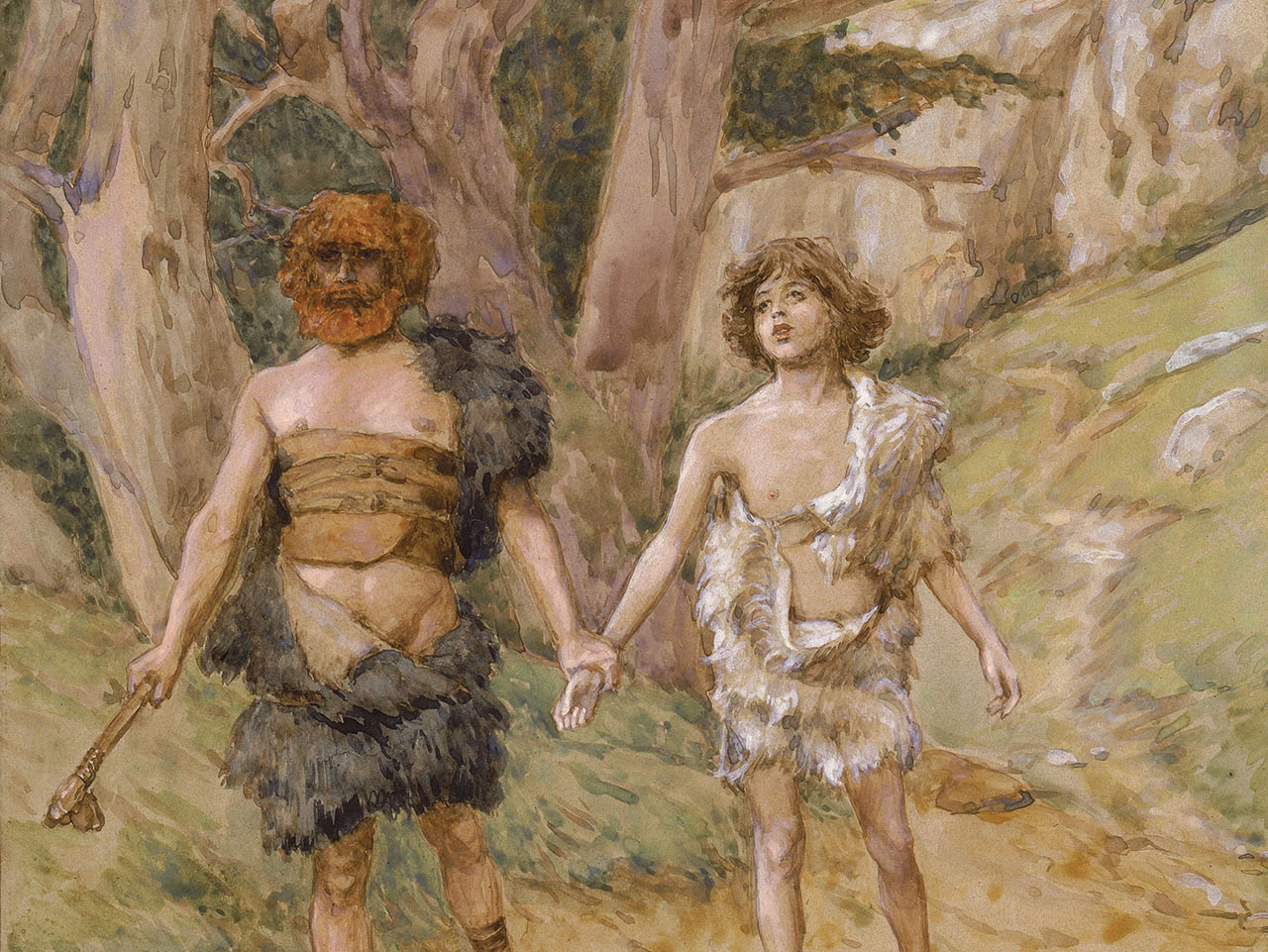 A watercolor painting of a red-haired bearded man draped in rough, dark furs leads a younger man with an innocent look through a forest