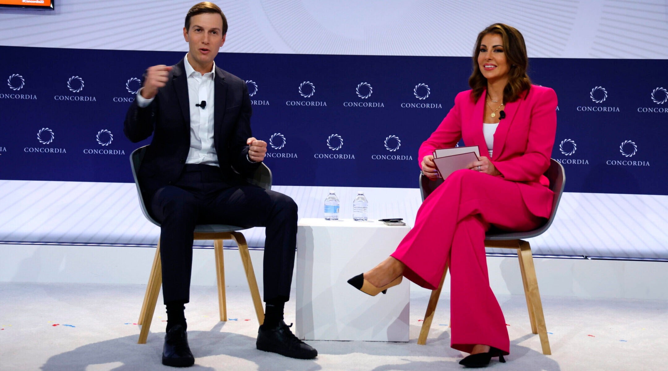Jared Kushner speaks with Morgan Ortagus, the founder of Polaris National Security, during a panel on the Abraham Accords at the Concordia Annual Summit in New York City, Sept. 20, 2022. (John Lamparski/Getty Images for Concordia Summit)