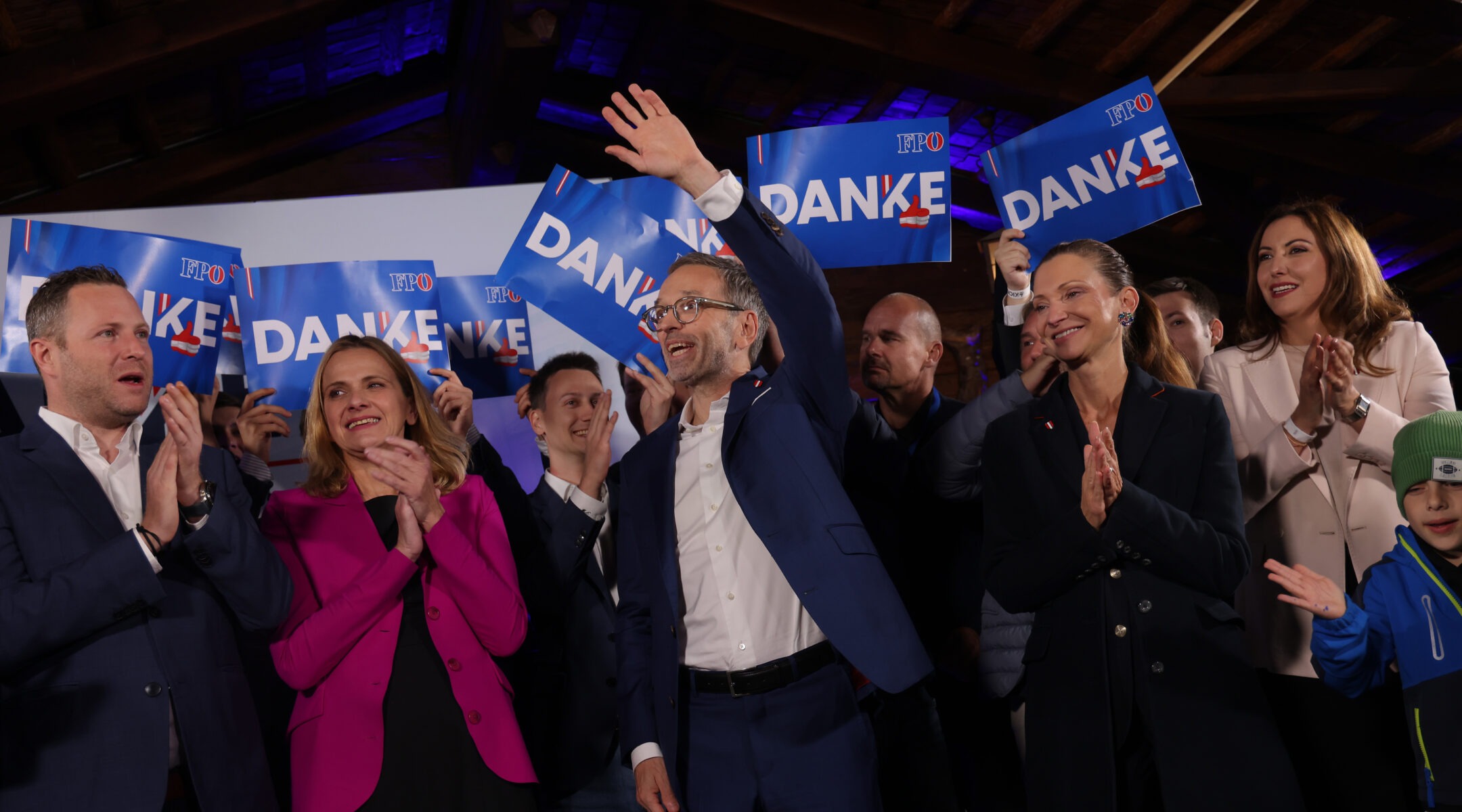 Lead candidate of the far-right Freedom Party of Austria, Herbert Kickl, celebrates with supporters at the FPO's election party following Austria's parliamentary elections in Vienna, Sept. 29, 2024. (Sean Gallup/Getty Images)