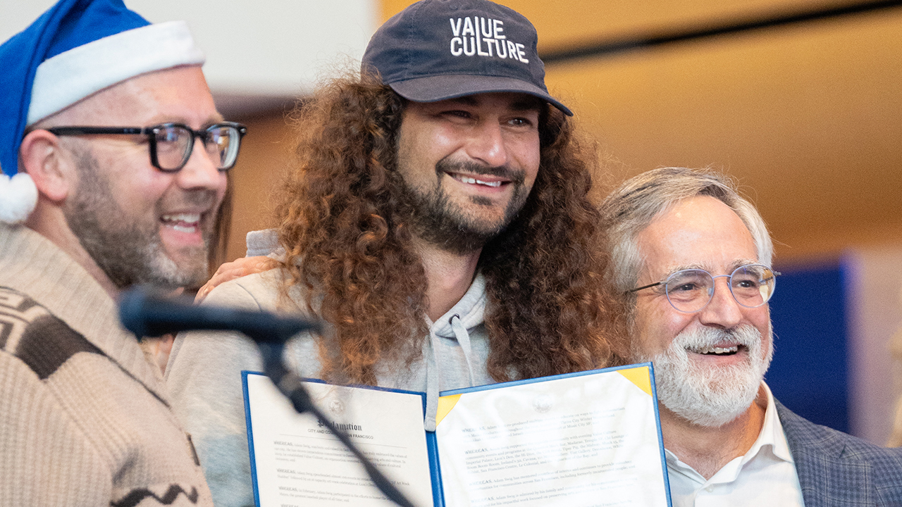 Adam Swig (middle) being honored with Adam Swig Day by then-President of the San Francisco Board of Supervisors Aaron Peskin (right) and Supervisor Rafael Mandelman (left). (Courtesy)