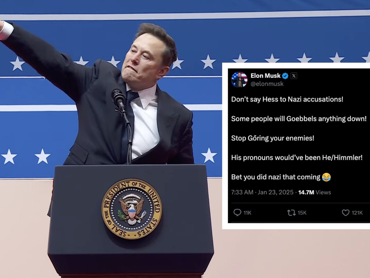 Elon Musk delivers a salute at a Trump immigration rally. Inset: Musk's Holocaust joke post. (Screenshot)