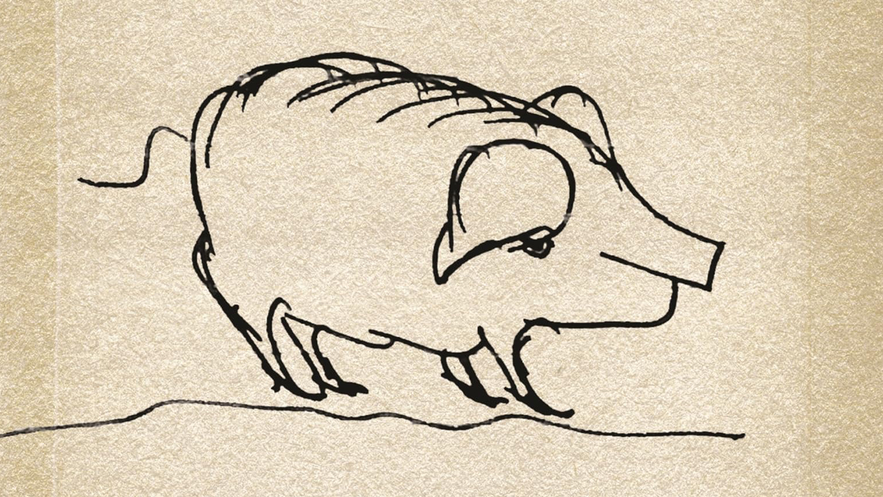 a very rough line sketch of a pig on a parchment-like background