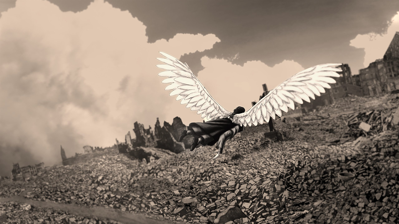 A sepia-tone illustration of a person with wings flying over rubble