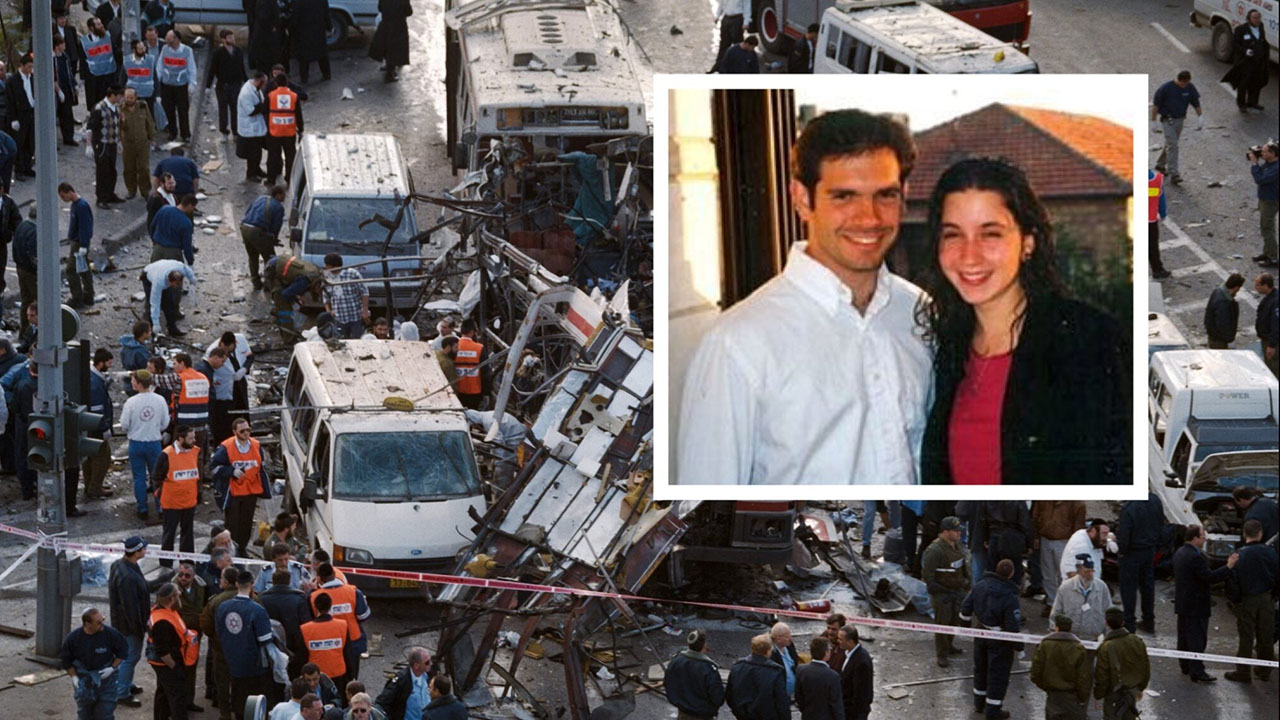 A photo of a smiling young couple inset into a wide photo of emergency crews responding to a bombing