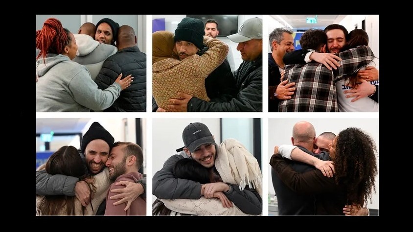 Newly freed hostages reunite with family members on Saturday. Top row from right: Omer Shem Tov, Hisham al-Sayed and Avera Mengistu. 
Bottom, from right: Omer Wenkert, Eliya Cohen and Tal Shoham. (Collage via Israel Government Press Office_