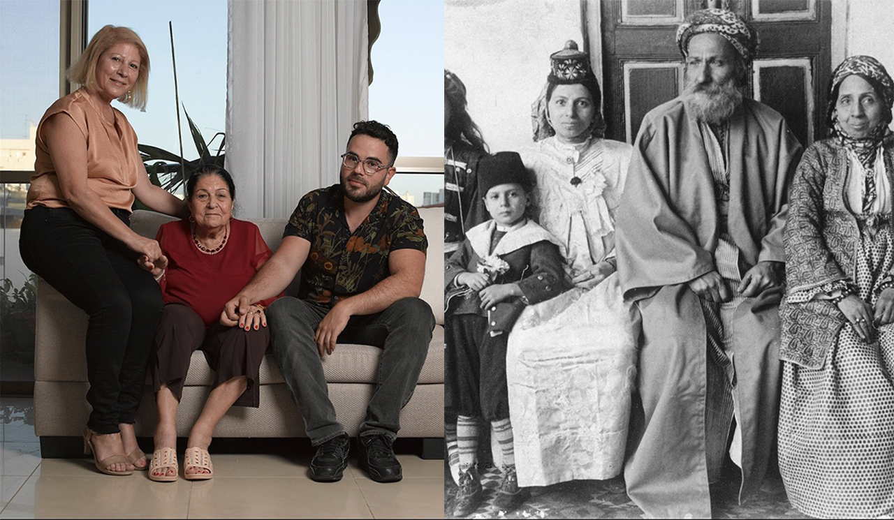 Left: Hen Mazzig in Israel with his mother, Cami, and his grandmother Hela, a Jewish refugee from Iraq who was forced to leave her home in Baghdad in 1951. (Reli Abrahami). Right: An Iraqi Jewish family in Baghdad in 1910 (Jewish Chronicle/Heritage Images/Getty Images).