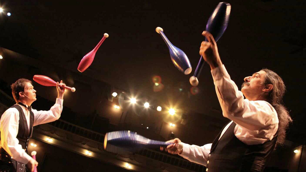 The Flying Karamazov Brothers, a Santa Cruz-based circus troupe that attained unusually wide pop culture recognition, is performing its 50th anniversary show at the Oshman Family JCC in Palo Alto on April 26, 2025. (Courtesy)
