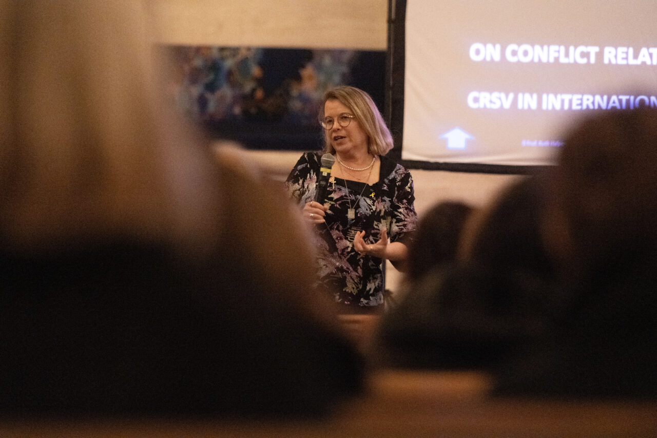 During a talk at Congregation Emanuel-El in San Francisco on March 5, Israeli law professor Ruth Halperin-Kaddari discusses the efforts to establish the facts about the sexual assaults on Oct. 7, 2023. (Aaron Levy-Wolins/J. Staff)