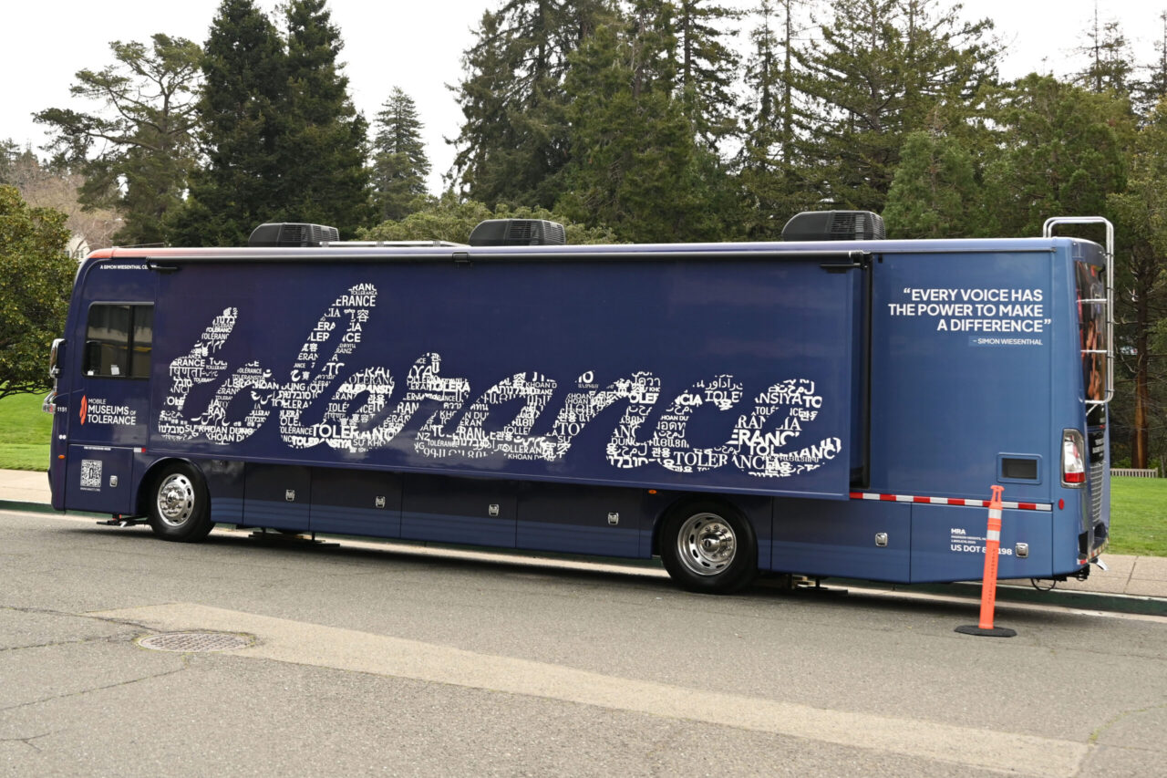 A Mobile Museums of Tolerance bus parked in Piedmont on March 4. (Aaron Levy-Wolins/J. Staff)