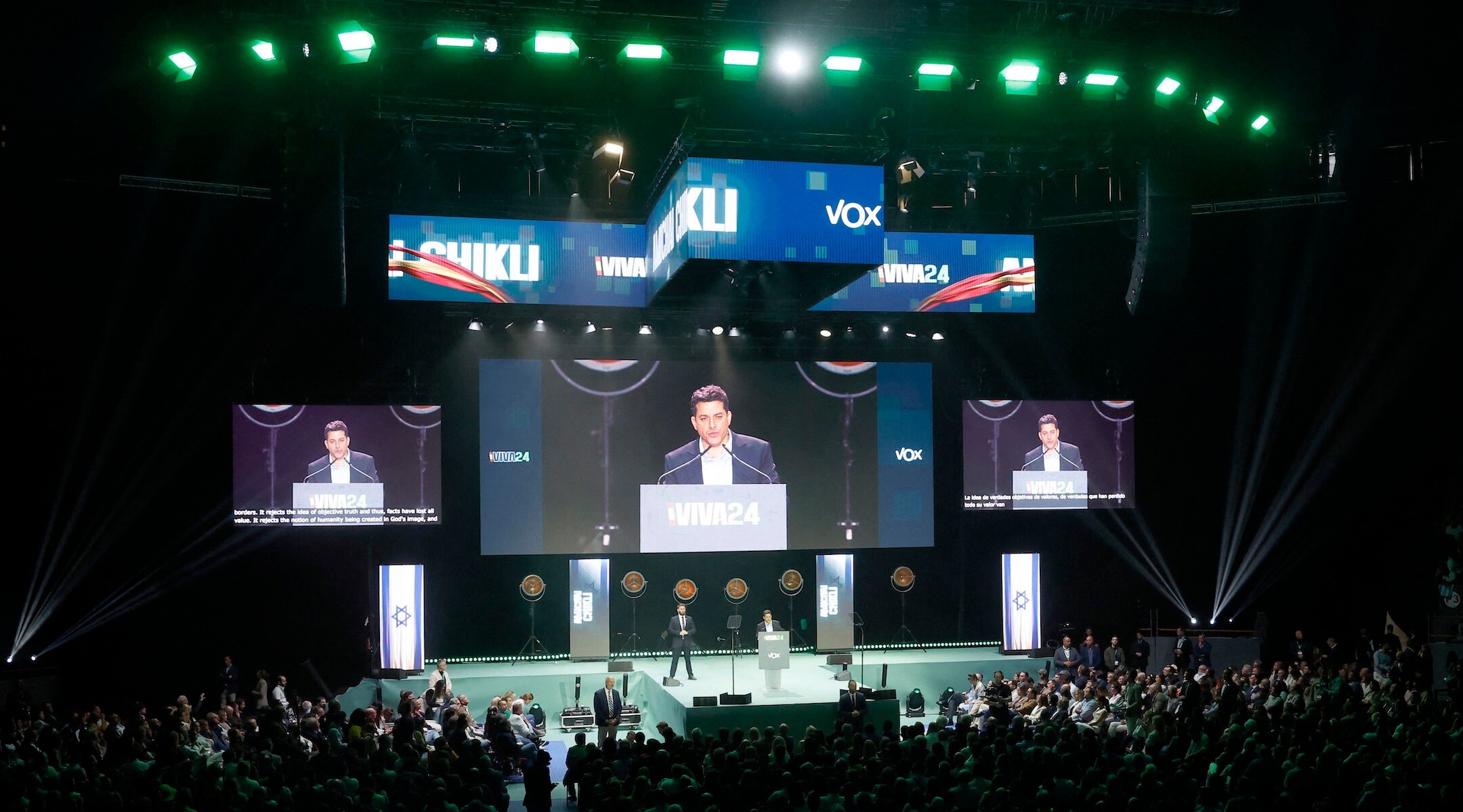 Minister of Diaspora Affairs of Israel Amichai Chikli takes part in the Spanish far-right wing party Vox's rally "Europa Viva 24" in Madrid, May 19, 2024. (Oscar del Pozo / AFP via Getty Images)