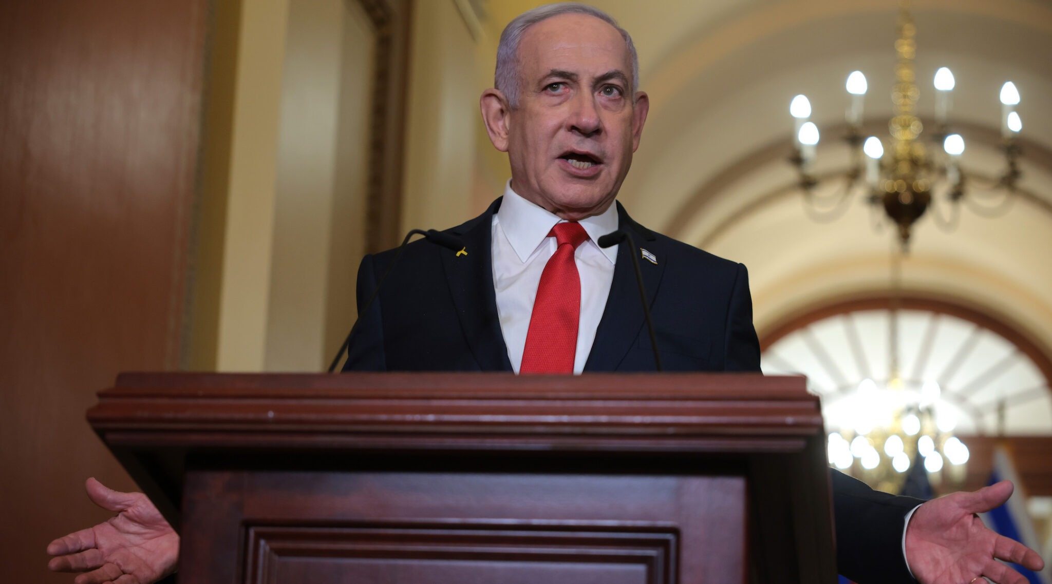 Israeli Prime Minister Benjamin Netanyahu delivers remarks following a meeting with U.S. Speaker of the House Mike Johnson at the U.S. Capitol, Feb. 7, 2025. (Kayla Bartkowski/Getty Images)