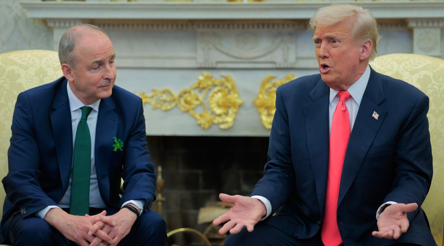 President Donald Trump and Irish Taoiseach (prime minister) Micheal Martin speak to journalists ahead of meetings in the Oval Office at the White House on March 12, 2025 in Washington, DC. (Chip Somodevilla/Getty Images)