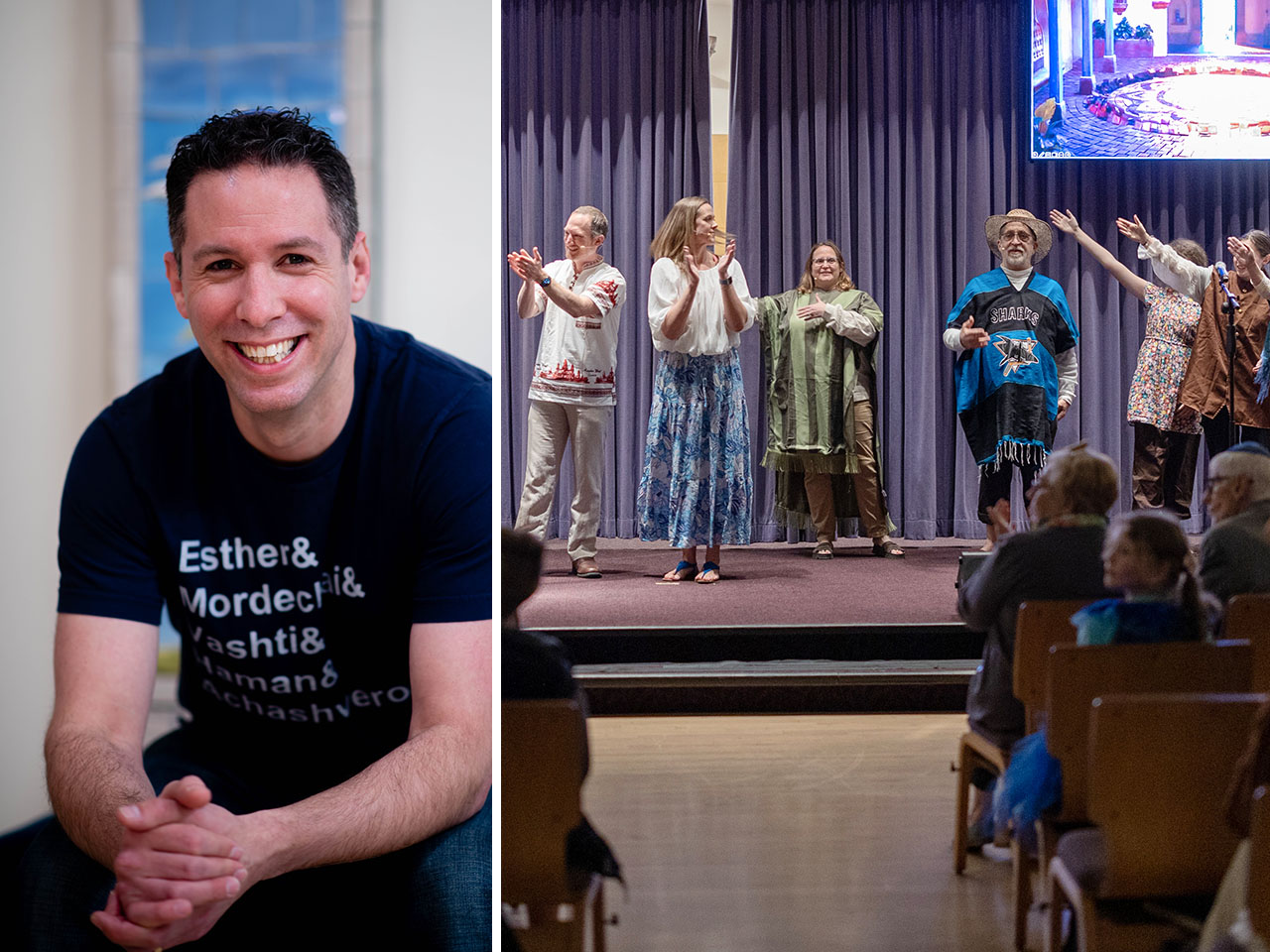 Jamie Marx, "The Spiel Guy" (left) has written Purimspiels used by hundreds of synagogues — including Congregation Shir Hadash in Los Gatos, seen here enjoying his "Encanto"-themed spiel.