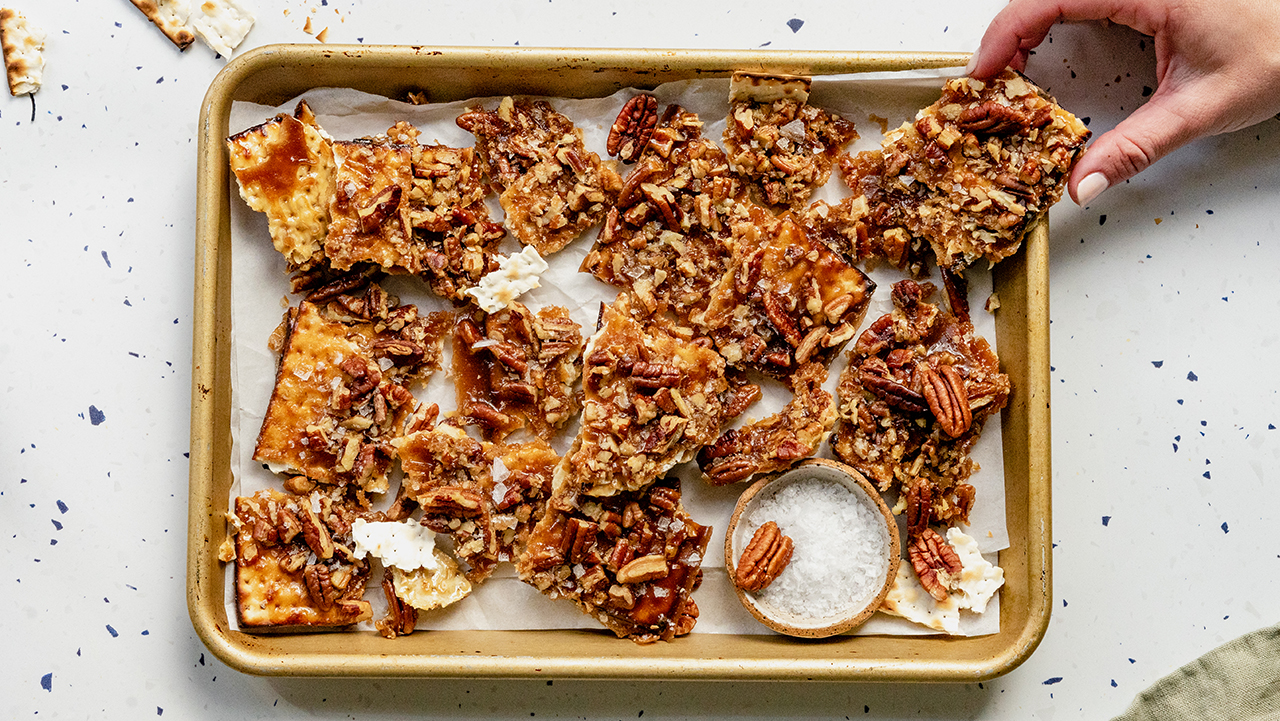 You can find Pecan Pie Matzo Crunch, J. recipe columnist Micah Siva's take on the popular Passover dessert, here. Like Karyn Lipman's 1990 recipe, it features pecans. (Micah Siva)