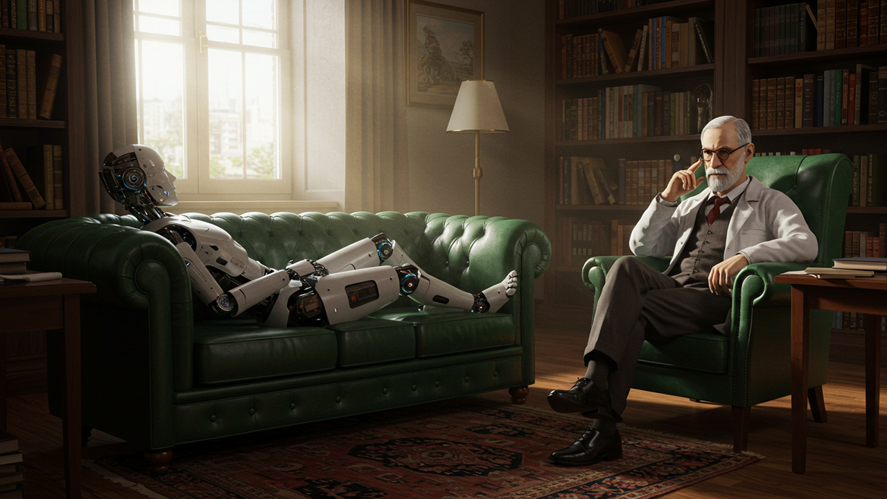 An AI illustration of Sigmund Freud, seated in an armchair, talking to a humanoid robot who is laying on a couch.