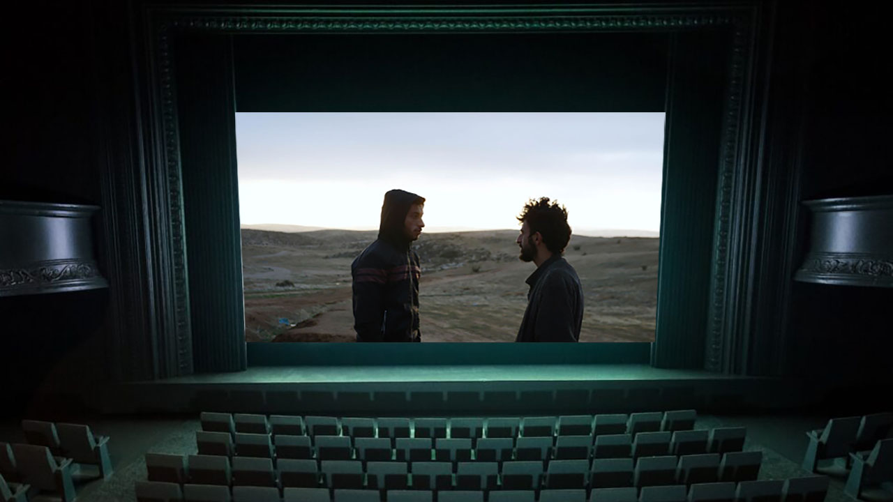 Photo illustration of "No Other Land" playing in a movie theater. (Movie still: Courtesy. Theater image: Getty via JTA.)