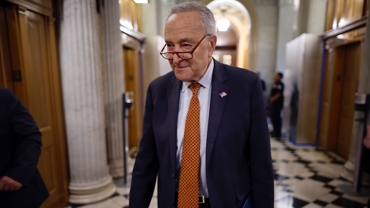 Senate Majority Leader Charles Schumer, a New York Democrat, walks out of the Senate Chamber following a series of votes at the U.S. Capitol,  Feb. 12, 2024. (Chip Somodevilla/Getty Images)