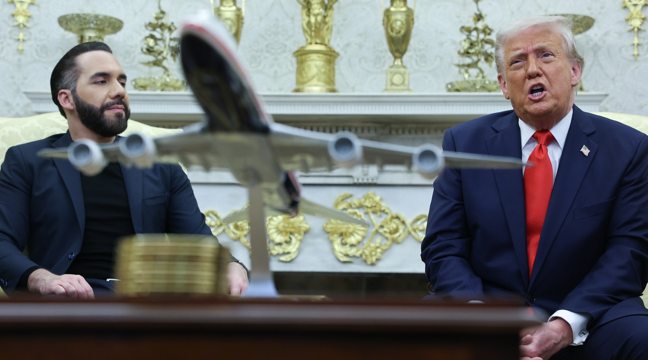 U.S. President Donald Trump meets with President Nayib Bukele of El Salvador in the Oval Office, April 14, 2025. (Win McNamee/Getty Images)