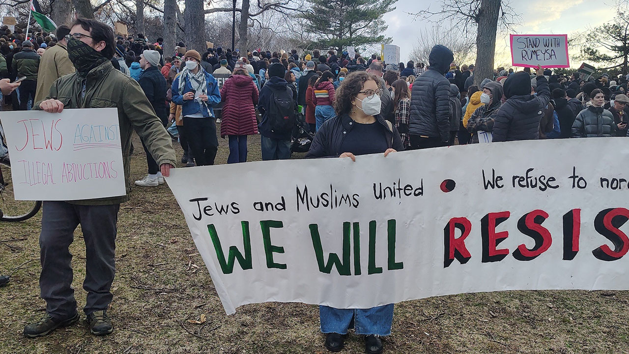 Jews attend a rally in support of detained pro-Palestinian Tufts University graduate student Rümeysa Öztürk in Somerville, Massachusetts, March 26, 2025. Several Jews later left the rally after speakers began denouncing Israel. (Courtesy of Ron Newman)