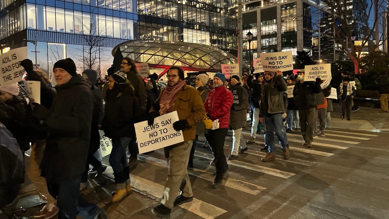 Following the rally at Bella Abzug Park, demonstrators marched toward the Javits Center, where ADL was holding its "Never is Now" summit on antisemitism and hate, Mar. 3, 2025. (Joseph Strauss)