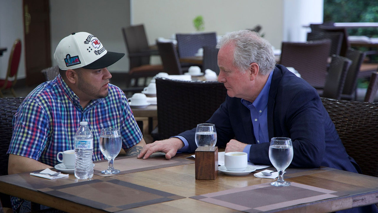 Kilmar Abrego Garcia, briefly released from an El Savadoran prison, meets with Sen. Chris Van Hollen, who had traveled to El Salvador to draw attention to his case.