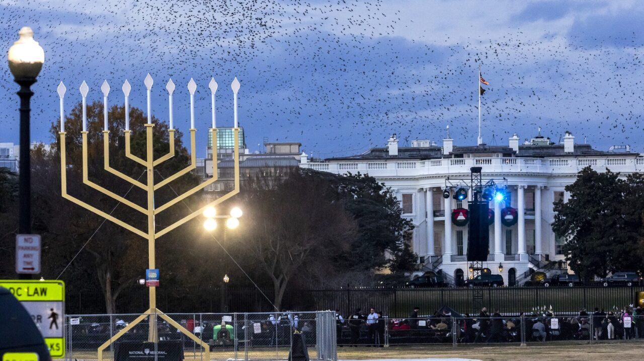The "National Menorah," erected by Chabad-Lubavitch in front of the White House in Washington, Dec. 2, 2021. (Kerem Yucel/Anadolu Agency via Getty Images)