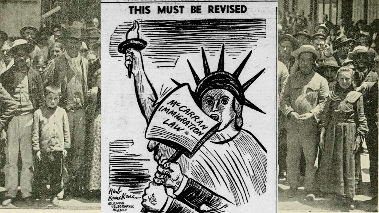 A 1952 editorial cartoon distributed by  JTA that appeared in the Jewish Bulletin, the former name of this publication.