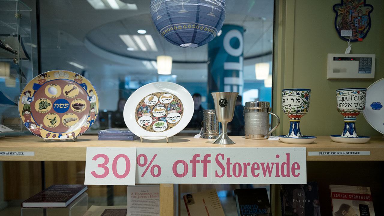 A sign at Dayenu Judaica gift shop shows that there is a 30% storewide sale in the San Francisco JCC on Wednesday, May 21, 2025. (Aaron Levy-Wolins/J. Staff)