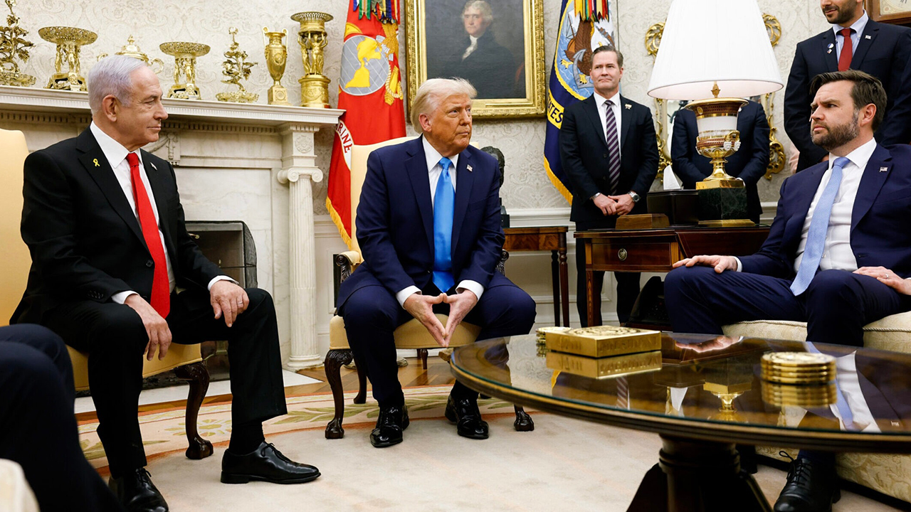 Israeli Prime Minister Benjamin Netanyahu, President Donald Trump, National Security Adviser Michael Waltz, and Vice President JD Vance appear during a meeting in the Oval Office on Feb. 4, 2025. (Anna Moneymaker/Getty Images)
