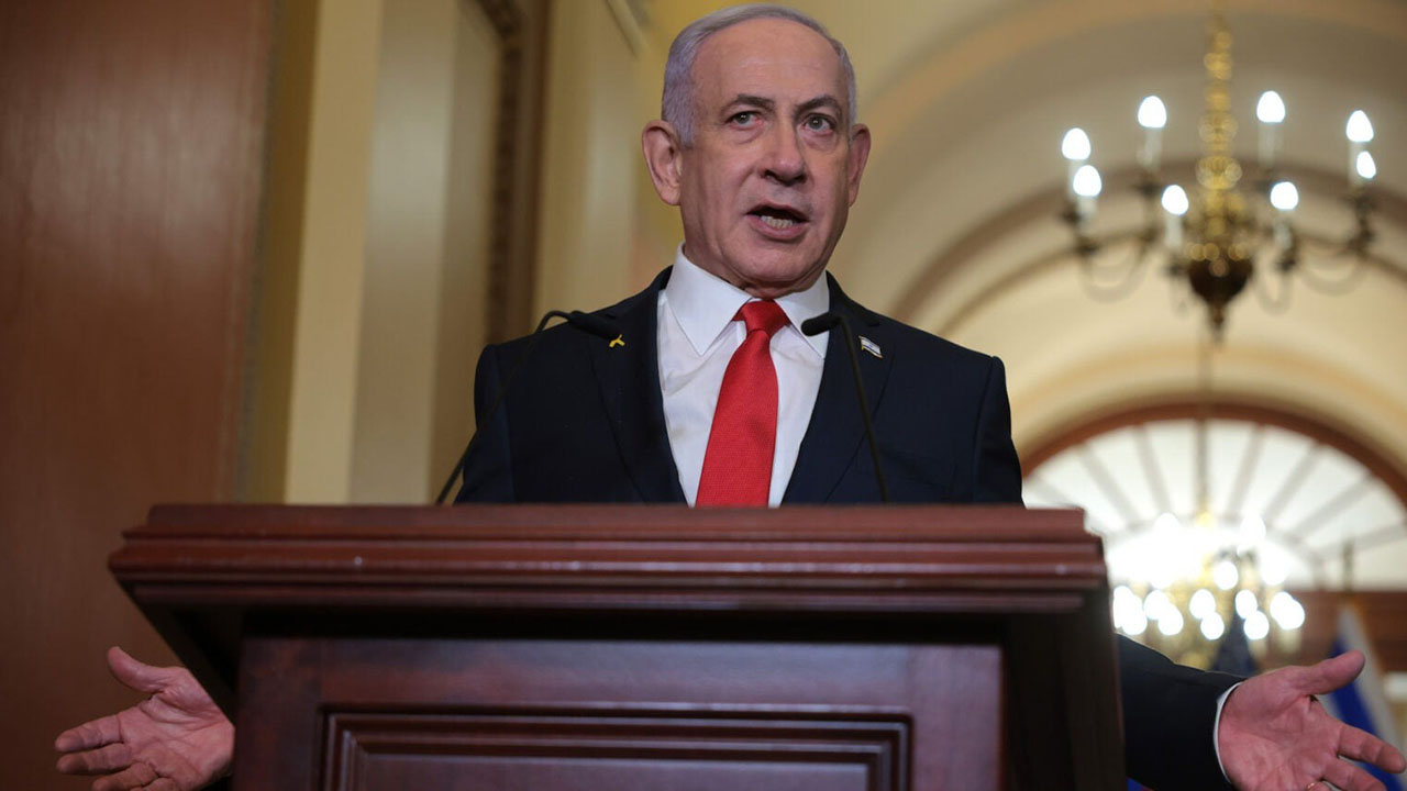 Israeli Prime Minister Benjamin Netanyahu delivers remarks following a meeting with U.S. Speaker of the House Mike Johnson (R-L.A.) at the U.S. Capitol on Feb. 7, 2025 in Washington, D.C. (Kayla Bartkowski/Getty Images)