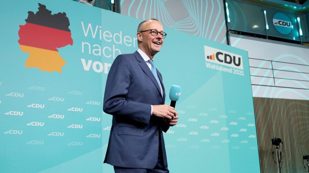 Friedrich Merz, then a candidate for chancellor of Germany, speaks to supporters at his party's headquarters in Berlin following preliminary results showing him leading in federal elections, Feb. 23, 2025. (Maja Hitij/Getty Images)