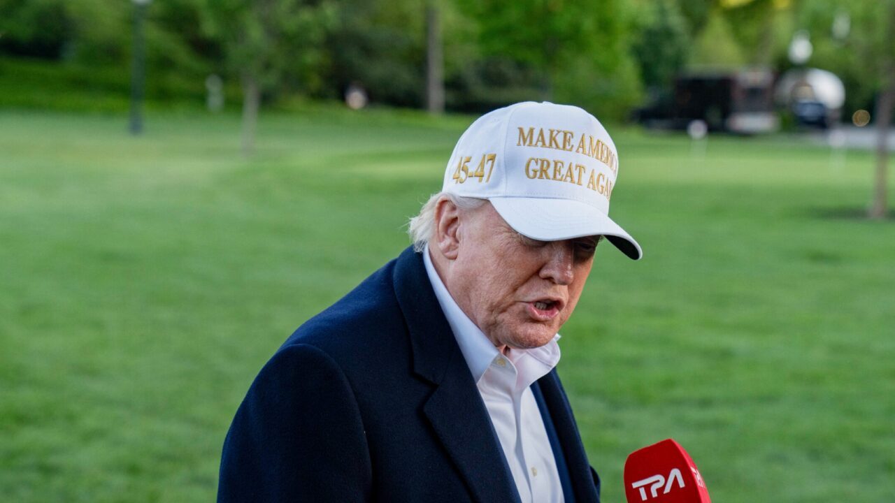 President Donald J. Trump speaks to reporters upon arriving at the White House from Bedminster, New Jersey, in Washington, D.C., on April 27, 2025. (Andrew Thomas / Middle East Images / AFP via Getty Photos)