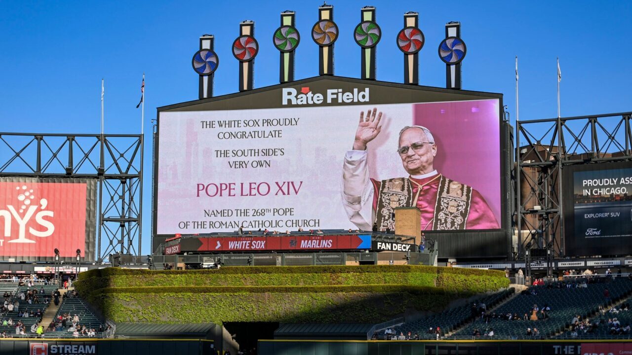 Like many American Jews, Pope Leo XIV is a big fan of baseball. The outfield video board displays a congratulatory message for him at the Chicago White Sox's Rate Field on May 9, 2025. (Abigail Dean/Getty Images)