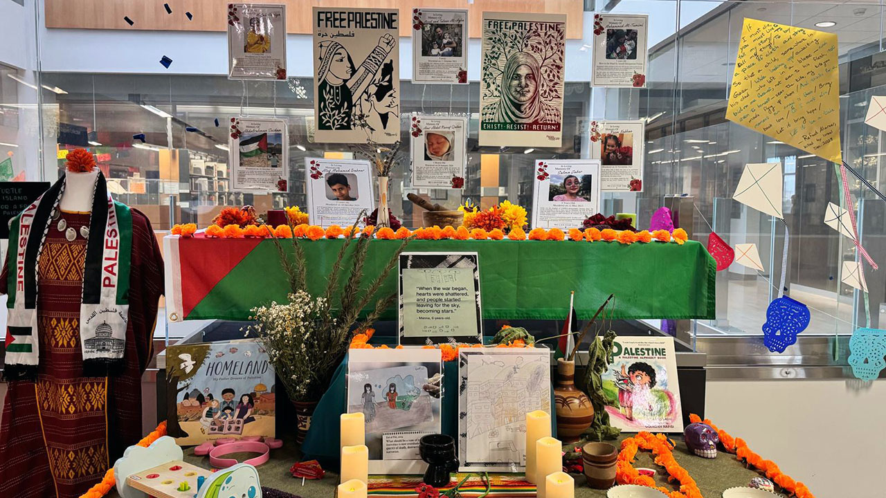 A Day of the Dead altar for Palestinian children killed in the ongoing Israel-Hamas war was on display in the Martin Luther King, Jr. Library in fall 2024. (Courtesy Shlomit and Yigal Blum)
