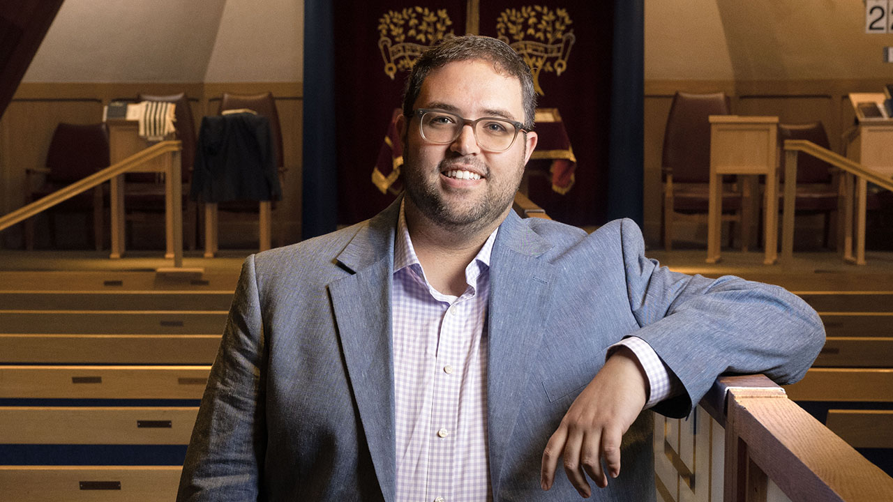 Rabbi Shua Brick in the sanctuary at Oakland's Beth Jacob Congregation, where he has worked since 2020. (Aaron Levy-Wolins/J. Staff)