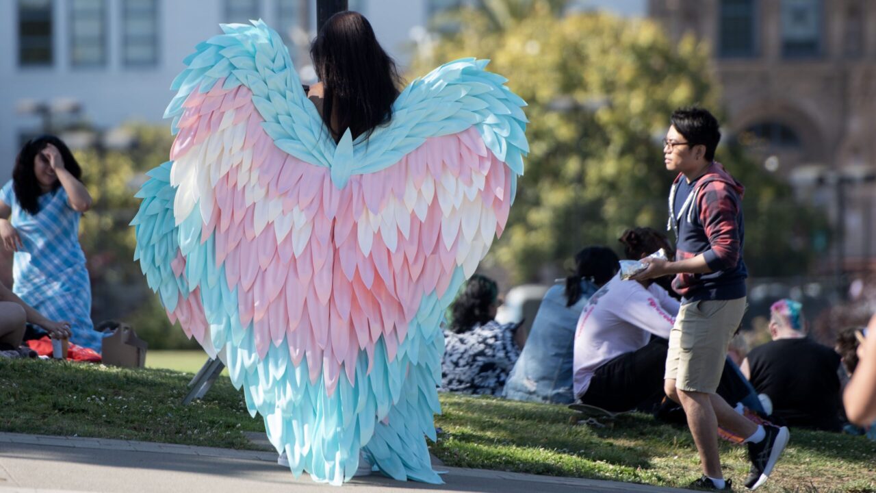 A person wears wings with the colors of the trans flag colors during the Pride Shabbat ritual and picnic hosted by Congregation Sha’ar Zahav and Kehilla Community Synagogue in 2025. (Aaron Levy-Wolins/J. Staff)