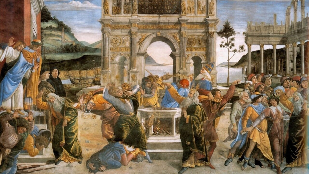 "The Punishment of Korah and the Stoning of Moses and Aaron" by Sandro Botticell