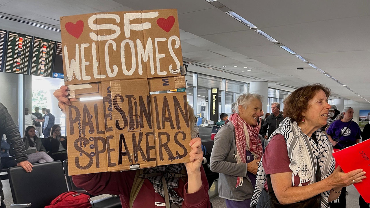 Dozens of protesters arrive at San Francisco International Airports after border officials deny entry to two Palestinian activists who arrived with valid visas for a speaking tour. (Courtesy of Chase Carter/Center for Jewish Nonviolence via JTA)