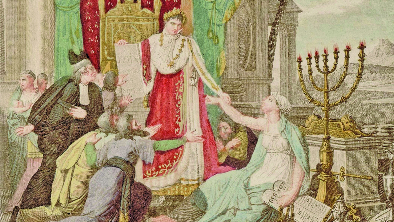 This 1806 engraving by William R. Gross is a symbolic depiction of Napoleon granting rights to the Jews. (National Library of Israel)