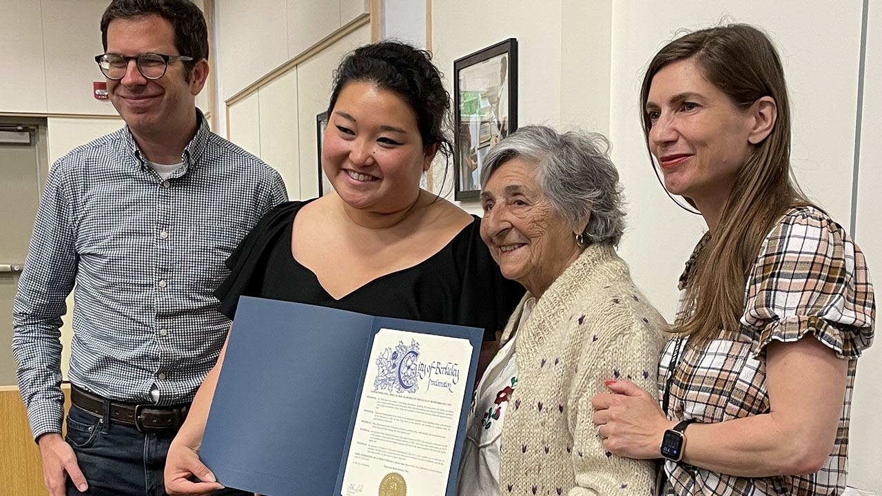 Sanne DeWitt (second from right) was recognized by Berkeley Mayor Adena Ishii (second from left) on Holocaust Remembrance Day.  (Courtesy)